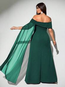 Viva Relle 大码女式优雅奢华派对/婚礼宾客轻盈连衣裙，串珠网眼，立领长袖，收腰 A 字裙 - 墨綠色 - 查看 2