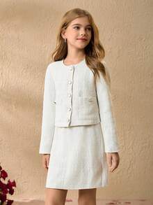 2 pièces/Set Top à manches longues et mini-jupe coordonnés décontractés pour préadolescentes