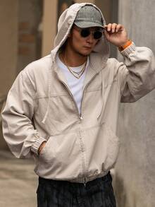 DAZY Men's Solid Color Washed Hoodie Design Black Denim Jacket, Autumn - Light Grey - View 4