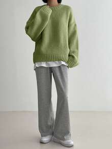 DAZY Cozy Fabric Green Regular Hem Rib-Knit Long Sleeve Women's Pullover,Autumn/Winter - Green - View 5