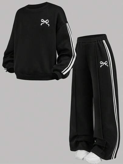 SHEIN Girlism เสื้อสเวตเตอร์แขนยาวทรงไหล่ตกหลวมถักลายหัวใจลำลองสำหรับเด็กผู้หญิง Tween และชุดกางเกงวอร์มขากว้าง