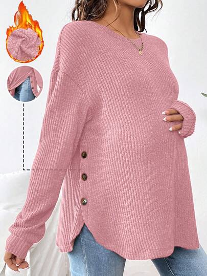 SHEIN 孕妇休闲纯色侧扣哺乳上衣，秋冬