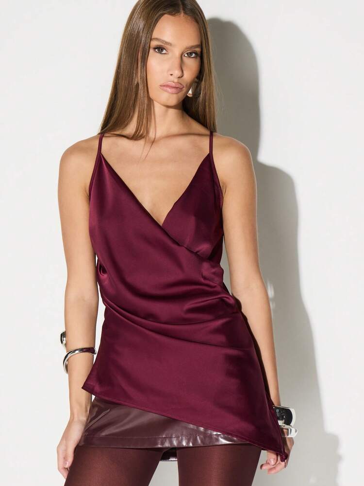KIZN Satin Cowl Neck Wrap Blouse With Cross Straps