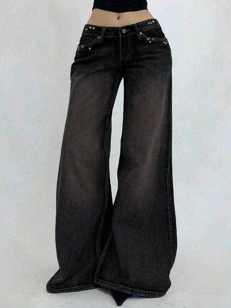 Casual Dark Grey Wide Leg Denim Jeans For Women With Zipper Closure Long Length Y2k