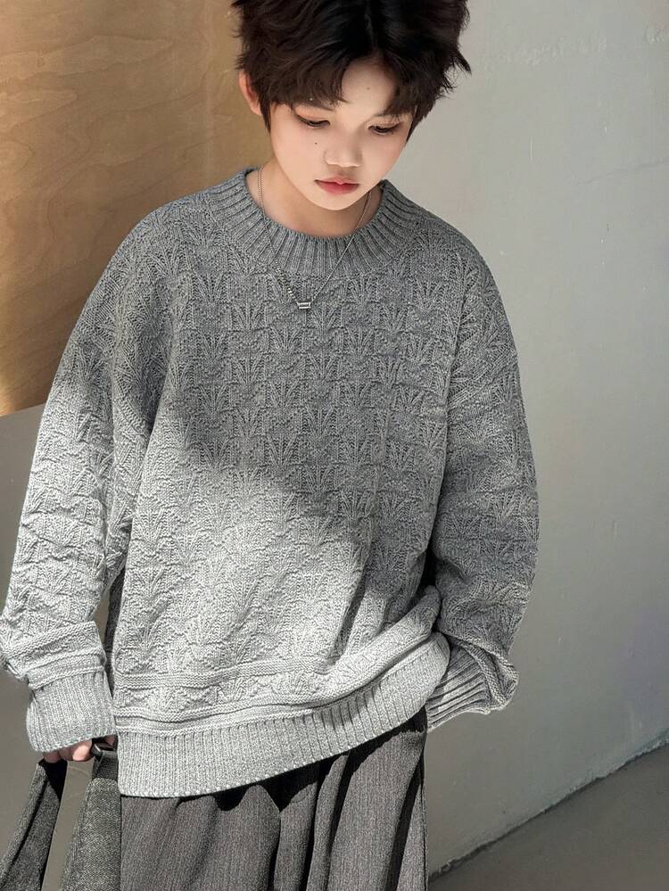 Tween Boys Grey Knitwear Pullover Sweater Regular Length Round Neck Drop Shoulder Long Sleeve Plain Design