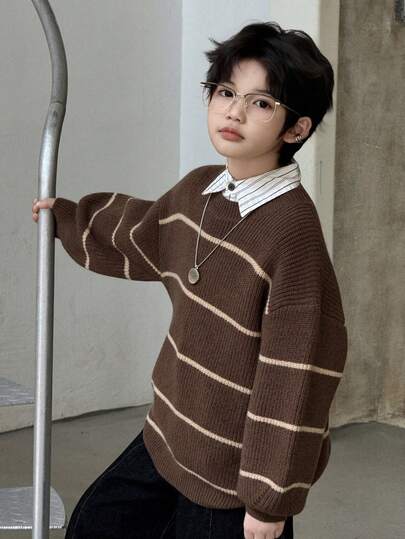 DAZY Tween Boy Casual Colorblock Striped Drop Shoulder Sweater, Autumn/Winter