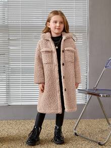 SHEIN 女童休闲珊瑚绒中长款翻领长袖夹克，适合冬季 - 卡其色 - 查看 9