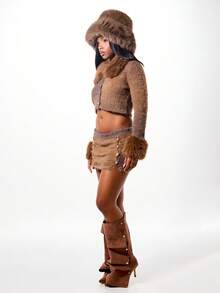 SUMWON WOMEN Fluffy Knit Mini Skirt With Buttons And Fur Cuff Details For Winter Fall - Brown - View 6