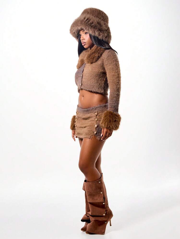 SUMWON WOMEN Fluffy Knit Mini Skirt With Buttons