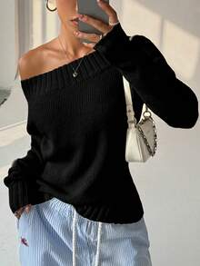 Flirla Petite Áo len tay dài màu trơn cổ tròn lệch vai bất đối xứng dành cho nữ mùa thu/đông - màu đen - Xem 6