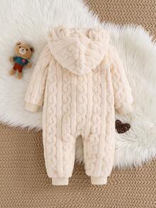 Cozy Pixies Baby Boy 3D Ear Solid Color Coral Fleece Long Sleeve Winter Jumpsuit - Apricot - View 2