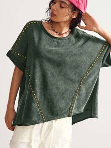 Bohemela 波西米亚乡村度假休闲风格铆钉针织圆领宽松水洗女式 T 恤 - 軍綠色 - 查看 3