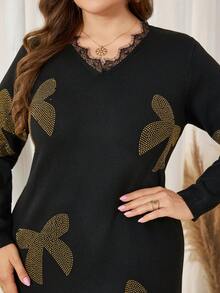 Lacomfia Đầm dệt kim tay dài đính nơ đính đá giả ren tương phản cỡ lớn thời trang thu đông cho nữ - màu đen - Xem 7