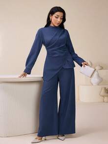 Veilorie 2pcs Women's Arabic Style Outfit (Long Sleeve Top And Wide Leg Pants Set) - Dusty Blue - View 7