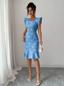 Elenzga Women's Square Neck Cap Sleeve Elegant Floral Jacquard Commuter Dress, Summer - Royal Blue - View 4