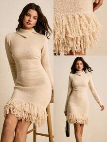 Poéselle Robe pull ajustée à manches longues de couleur unie, décontractée, avec franges. Vêtements d'automne et d'hiver pour femmes - Nude - Voir 4