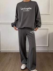 DAZY Bộ đồ thể thao nữ dáng rộng vai rớt gồm áo nỉ và quần nỉ, gồm 2 món, thích hợp mặc ở nhà. - Xám - Xem 2