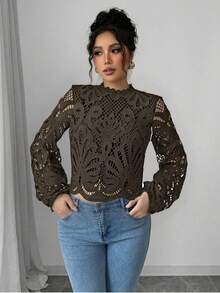 Elenzga 2025 Autumn New French Chic Fitted High-Quality White Lace Long Sleeve Cropped Top Casual Shirt, Suitable For Commuting, Vacation, Dating, Outing, Holiday, Garden, Family Gathering, Labor Day, Festivals, Independence Day, Back To School, Teacher's Outfit, Halloween, Thanksgiving