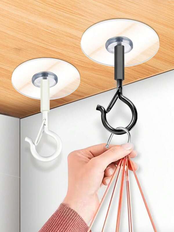 Conjunto de 2 ganchos de suspensão em formato de Q, sem necessidade de furação, com trava e parafusos à prova de vento, para pendurar luzes de corda externas, teto, plantas, luzes de Natal e luminárias de pátio. Diâmetro de 2,2 polegadas (5,6 cm), nas cores preto e branco, com parafusos pré-adesivos.