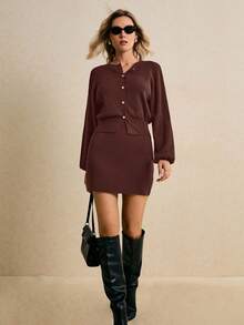Poéselle 女式复古风格纽扣前开衫和裙子两件套，简约优雅，秋冬 - 咖啡棕 - 查看 5