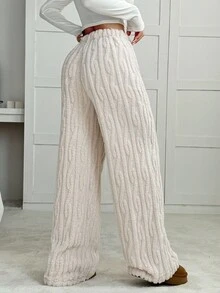 CovetEZ Women's Solid Color Drawstring High Waist Fluffy Wide Leg Casual Pants