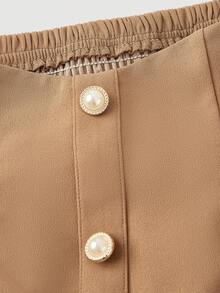 SHEIN MOD Gonna a vita alta con bottoni in finta perla, stile vintage vintage, adatta per scuola, appuntamenti, feste, vacanze, tea party, compleanni, Pasqua, festival rave, concerti, brunch, casual business - Cammello - Visualizzare 3