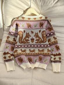 Franclia 女式基本款休闲松鼠印花圆领长袖毛衣 - 粉色 - 查看 2