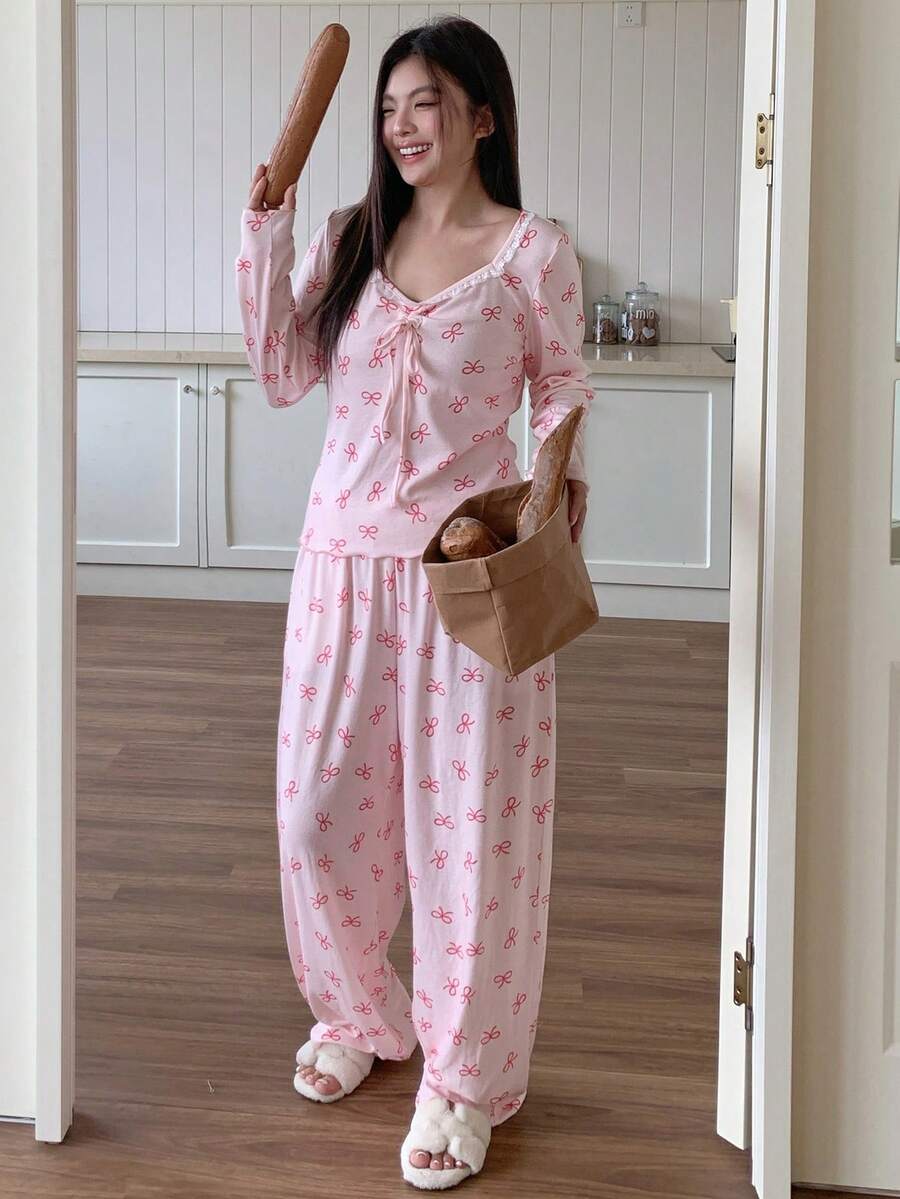 Dazy Plus 2pcs Plus Size Women Elegant Contrast Lace Allover Bow Print Pajama Set, Includes Top And Pants, Winter Clothes