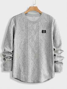 SHEIN Teen Boys' Casual Loose Fit Comfortable All-Match Style Woven Label Decoration Long Sleeve Crew Neck Top