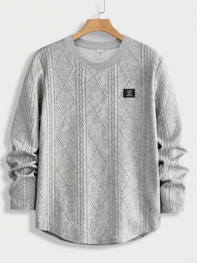 SHEIN 青少年男童休闲宽松舒适百搭风格织标装饰长袖圆领上衣