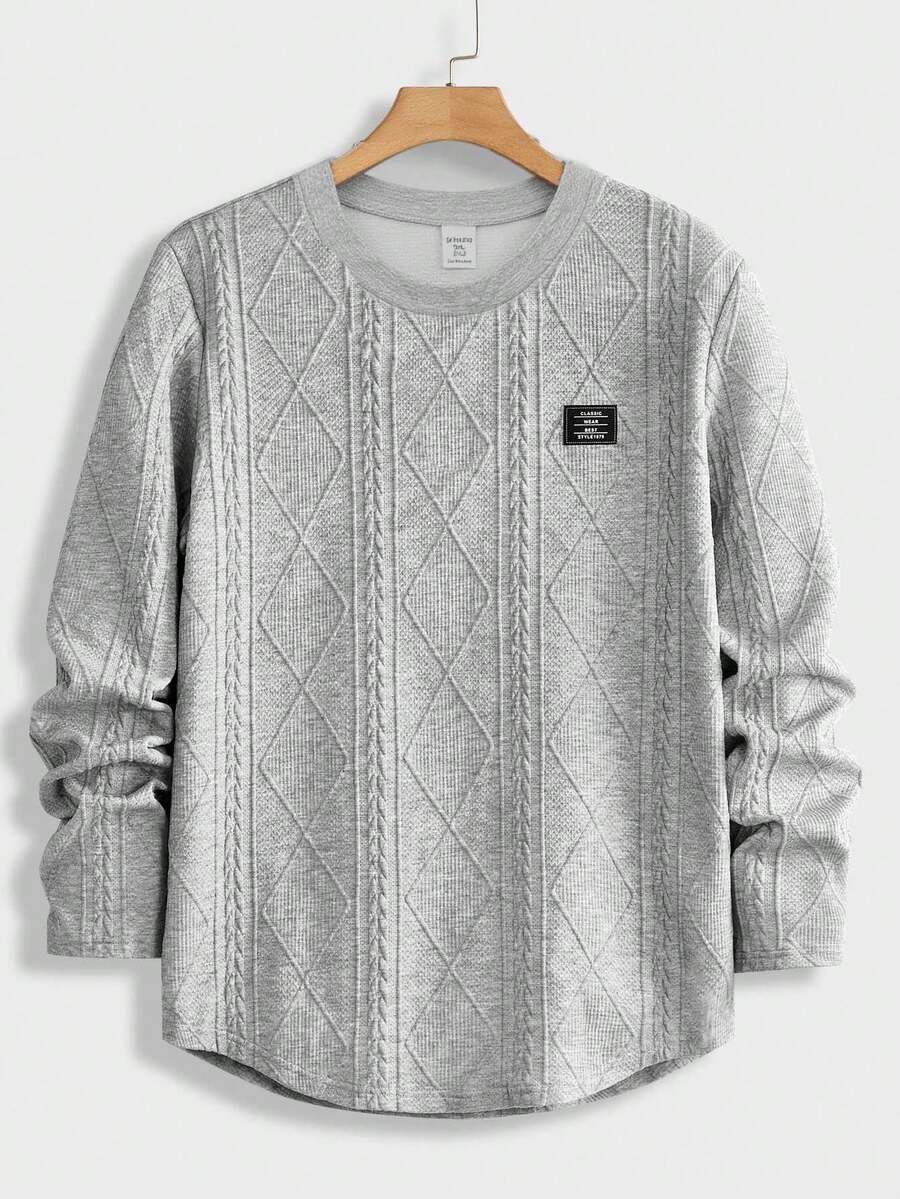 SHEIN Teen Boys' Casual Loose Fit Comfortable All-Match Style Woven Label Decoration Long Sleeve Crew Neck Top