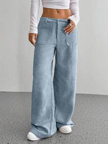 SHEIN Unity 2025 Autumn/Winter Retro Corduroy High-Quality Casual Wide-Leg Straight Pants, Blue Versatile