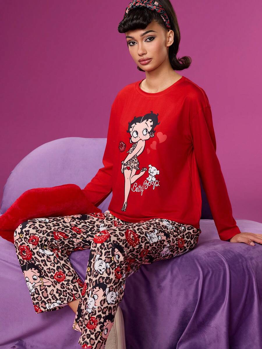 Betty Boop x SHEIN 女士红色贝蒂豹纹卡通图案落肩上衣和裤子睡衣套装秋冬圣诞睡衣套装新年秋装 - 紅色 - 查看 1