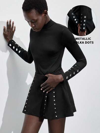 Maija 女士纯色立领长袖纽扣修身休闲T恤，黑色，适合圣诞节、感恩节、万圣节等场合穿着；黑色哥特风上衣，舒适保暖，适合秋冬季节；波点高弹力时尚系列