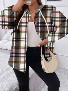 Flirla 大碼格紋落肩袖抽繩連帽夾克 - 淺粉色 - 查看 6