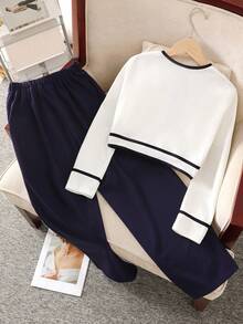 Serisse Kids Conjunto de 2 piezas de top de manga larga con cuello redondo y pantalones rectos informales para niñas preadolescentes con bloques de color, adecuado para citas, fiestas, vuelta al colegio, otoño/invierno