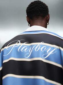 PLAYBOY X SUMWON Crop Fit Long Sleeve Striped Polo Shirt With White Collar And Button Placket Classic Rugby Style Top - BLUE AND BLACK - View 6