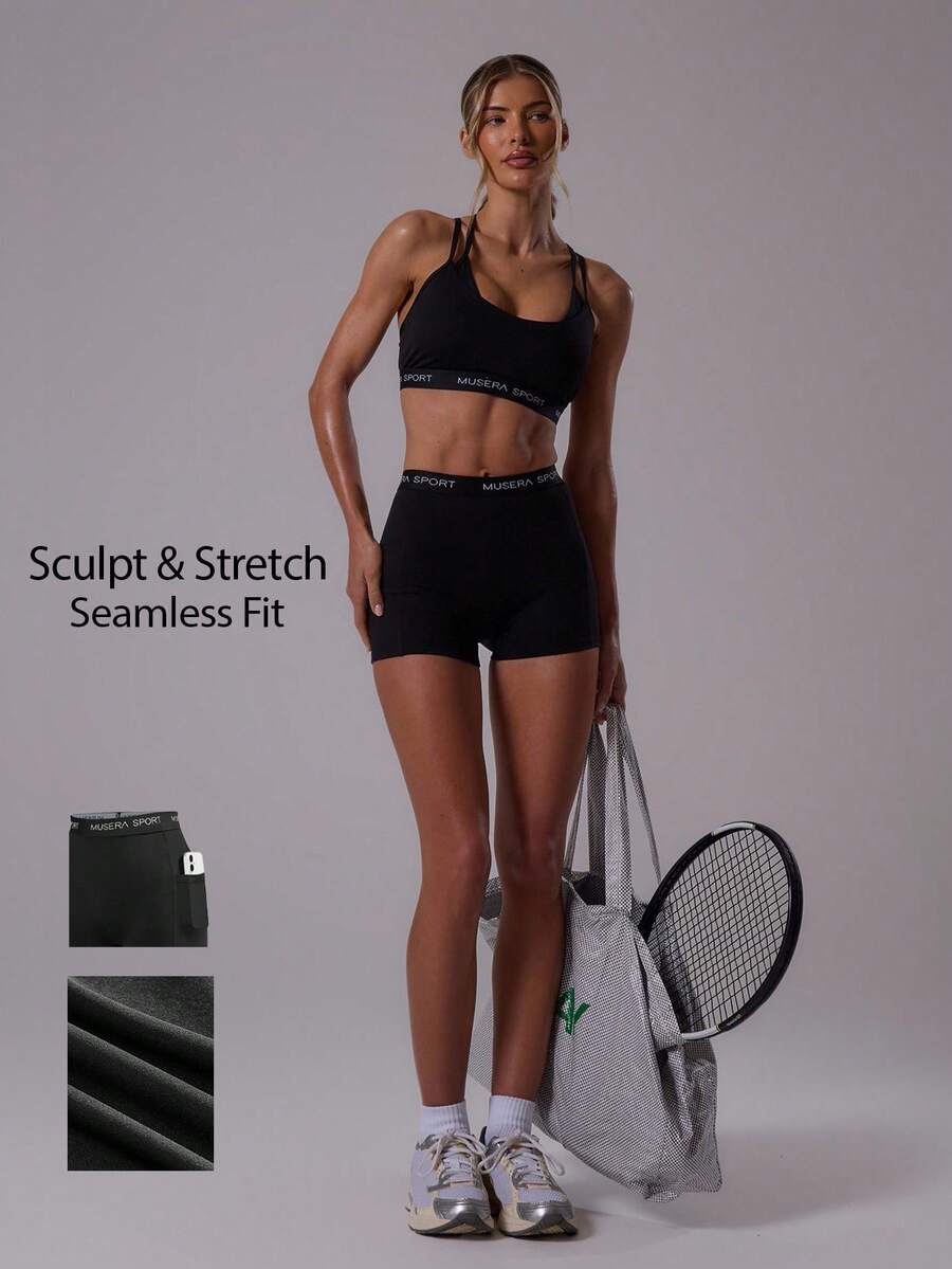 Musera Sport Sport High Rise Fitted Seamless Sculpt Booty Shorts Active Gym Workout Summer Padel Club Gym Fitness - Black - View 1