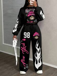Slaydiva 女士休闲街头风格宽松两件套运动服套装，适合秋冬季 - 黑色 - 查看 5