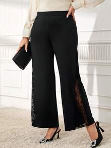 Miaspire Plus Size Lace Patchwork Solid Color Elegant Office Wide Leg Pants, Black Wide Leg Pants, Party For Women, , New,Spring - Black - View 4