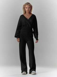 MUSERA Rib Knit Crochet Detail Foldover Waistband Wide Leg Trousers Bottom Only Cosy Cute Casual Coffee Club Evening Party Elegant   Spring - Black - View 5