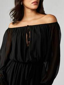 MISSGUIDED Off Shoulder Chiffon Maxi Dress With Belt Ruffle Long Sleeves Black Gothic Festival Wear - Black - View 7