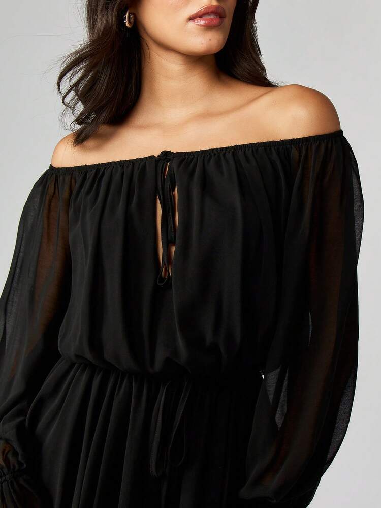 MISSGUIDED Abito lungo in chiffon con spalle scoperte, maniche lunghe a volant, cintura, nero, adatto per festival gotici
