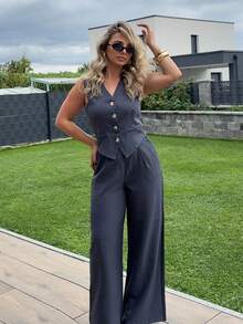 Jeta Ari بدلة كاجوال من قطعتين للنساء ، سترة صدرية بحfit واحد وبنطلون من اللون الأحادي ،ملابس رسمية عادية للسيدات - رمادي غامق - مشاهدة 5