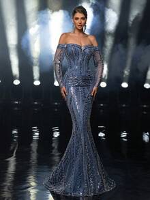 Glamrae Elegant Mist Blue Sequin Off Shoulder Long Sleeve Dress With Rhinestone Buttons,Fishtail Hem Trailing Luxury Formal Gala Wedding Event Birthday Party - Dusty Blue - View 4
