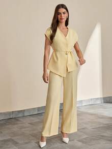 CLARA VERO Women Solid Color Two Pieces Suit Sets Blazers And Pants - Yellow - View 4