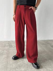 Claim Dot 男士休闲纯色斜口袋加厚阔腿裤，秋季 - 紅色 - 查看 4