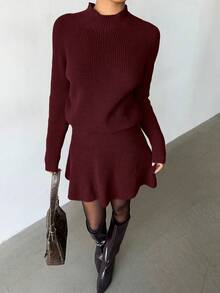 SHEIN Elenzya Women Loose Casual Round Neck Textured Top And Pleated Skirt 2 Pieces Set - Burgundy - View 4
