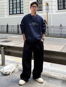 DAZY 男士字母印花圆领套头衫，海军蓝，秋冬 - 藏蓝色 - 查看 3