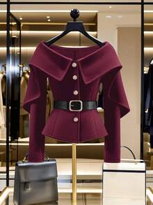 Franclia 女士荷叶边领长袖短款外套，冬季 - 酒紅色 - 查看 1